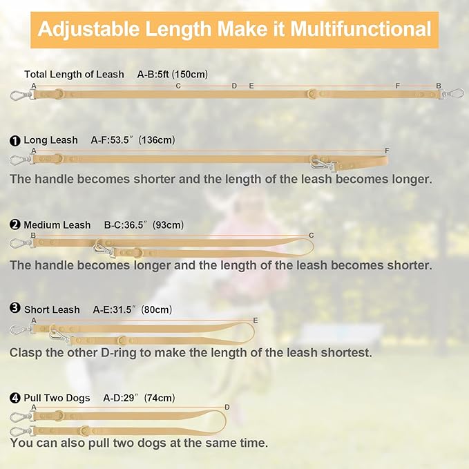 Wisedog Waterproof Dog Leash – 5ft/6ft Adjustable with 2 Metal Swivel Hooks, Easy to Clean Dog Leashes for Small, Medium, Large Breed Dogs (Sand Color M)