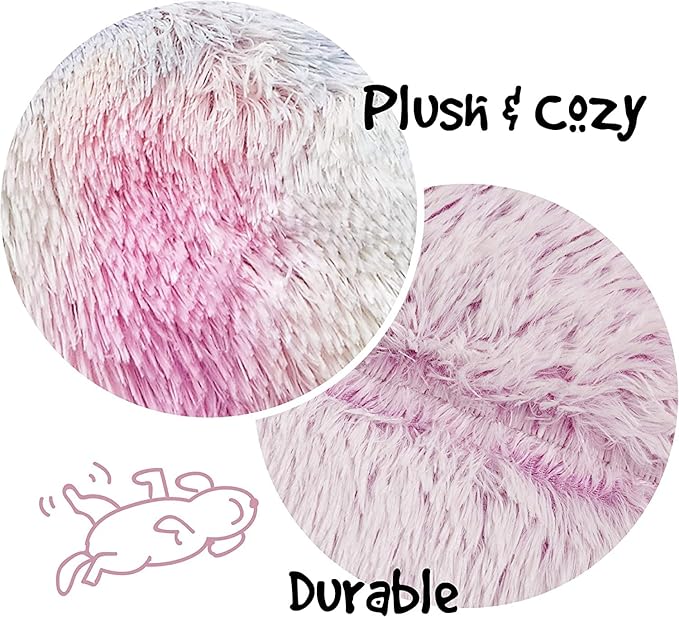 Friends Forever Donut Dog Bed Faux Fur Fluffy Calming Sofa For Small Dogs, Soft & Plush Anti Anxiety Pet Couch For Dogs, Machine Washable Coco Pet Bed with Non-Slip Bottom, 23"x23"x6" Rainbow