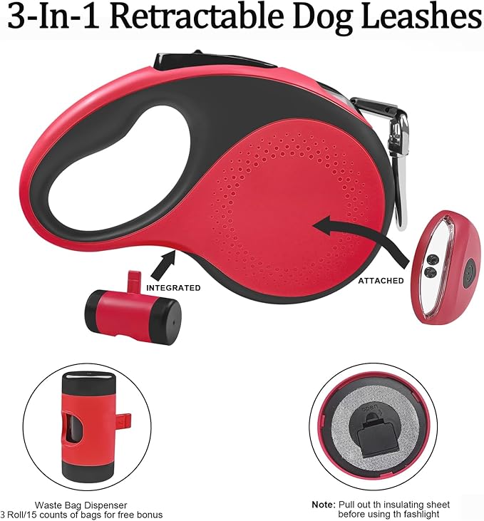 Retractable Dog Leash with Light - 16Ft Leashes with Poop Bag & Holder, One Button Break & Lock, 360°Tangle Free, Anti Slip Grip, Red