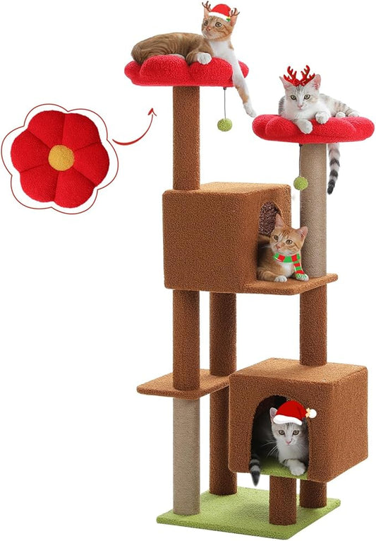 Flower Cat Tree, 52.4 Inch Multi-Level Cat Tower for Indoor Cats with Dual Top Perches, 2 Condos & Scratching Posts, Plush Cat Furniture for Kittens and Medium Cats, Brown