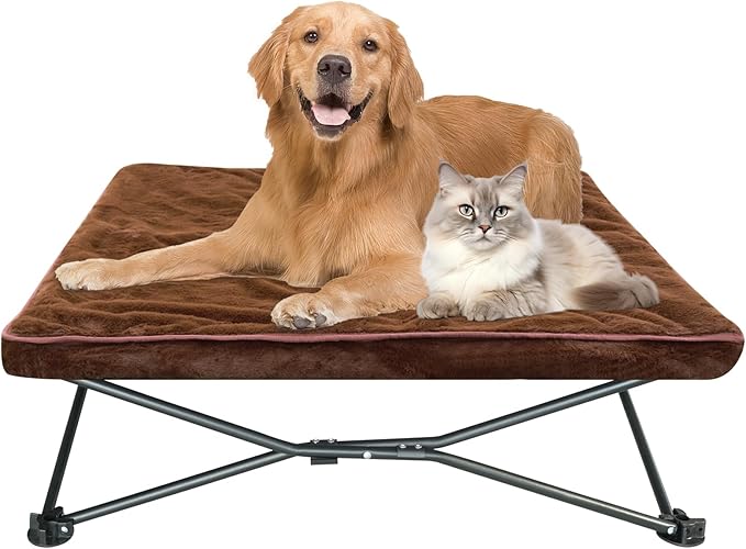unp Elevated Cooling Dog Bed - 36 x 36 x 10 inch Foldable Pet Bed - Washable Plush Cover & Carrying Bag Breathable Dog Camping Chair (Brown, L)