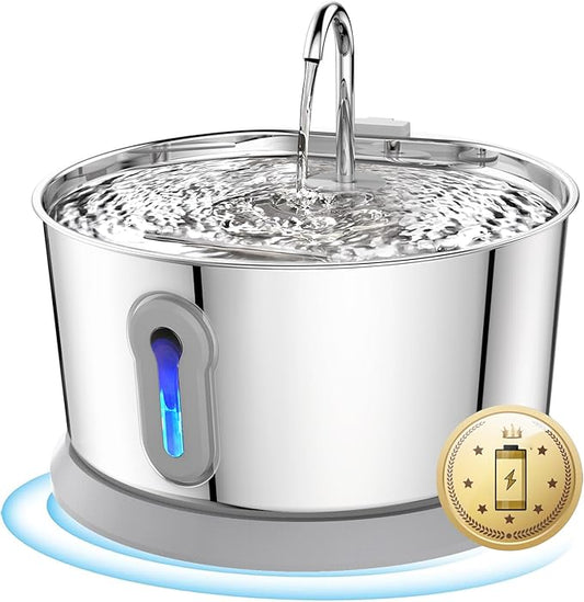 Battery Operated Cat Water Fountain Wireless, 4L/135oz Stainless Steel Pet Fountain for drinking Dog Water Dispenser Cordless with Motion Sensor, Ultra-Quiet Pump & for Cats Inside, Dog, Multiple Pets