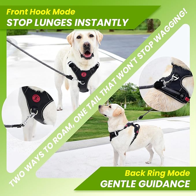 Black No Pull Adjustable Reflective Breathable Heavy Duty Dog Vest Harness for Medium Large Dogs with Quick Release Buckles Soft Padded Handle & Metal Front Back Clip for Walking Training, L