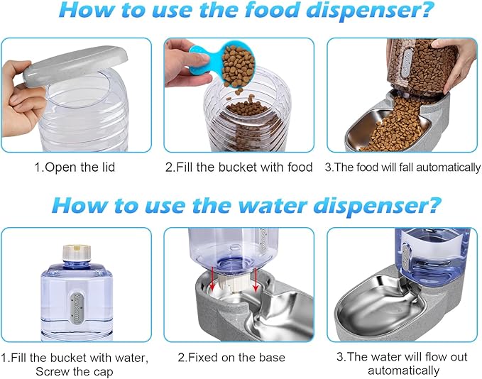 Automatic Cat Feeder and Water Dispenser with Stainless Steel Bowl Gravity Food Feeder and Waterer Set for Small Medium Dog Puppy Kitten 1 Gallon x 2(Grey)
