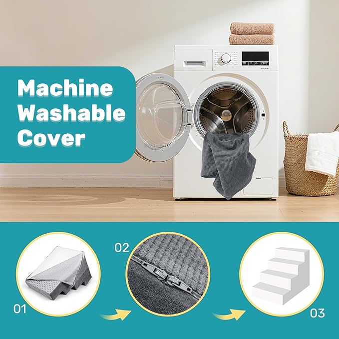 Dog Stairs for Bed, Extra Wide 4-Step Dog Steps for High Bed, High-Density Foam Pet Stairs with Non-Slip Removable Washable Cover for Small Pets, 18" H, Grey