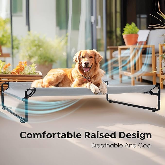 Veehoo Original Outdoor Elevated Dog Bed, Cooling Raised Dog Cot for Large Dogs, Portable Standing Pet Hammock Platform with Washable Breathable Mesh, No-Slip Feet, Large, Grey, CWC2201