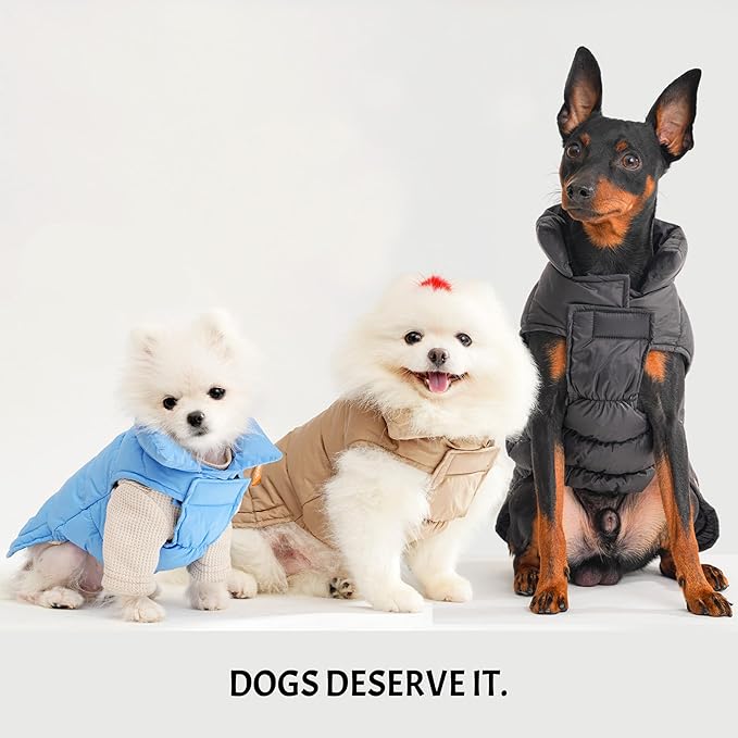 SPACE LION Dog Puffer Jacket, Down Winter Coat, Durable Outdoor Coat for Cold and Windy Conditions, Lightweight & Adjustable Fit Coats for Small Dogs, (Black, Size8/XS)