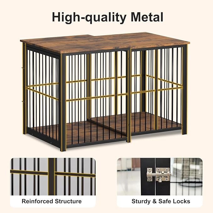 Large Dog Crate Furniture for Large Dogs, Retractable Dog Kennel Furniture, Wooden Dog Kennel Indoor, Heavy-Duty Dog Cage Furniture with 3 Levels of Adjustable Size,45.6" L, XL, Rustic Brown