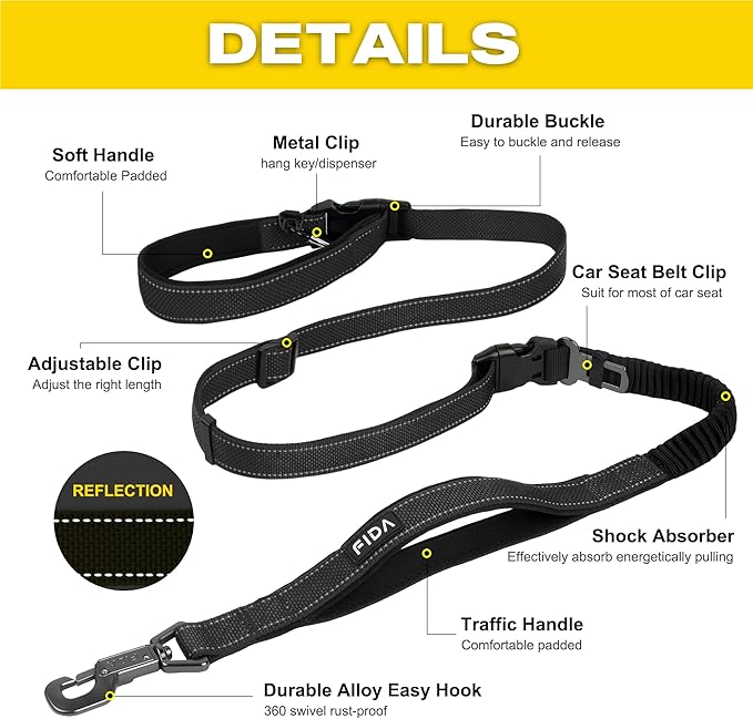 Fida 6-in-1 Hands Free Dog Leash Heavy Duty, Reflective Wasit Corssbody Dog Leash with Car Seat Clip | Adjustable for Running Hiking | Shock Absorbing Bungee, Dual Padded Detachable Handles (Black)