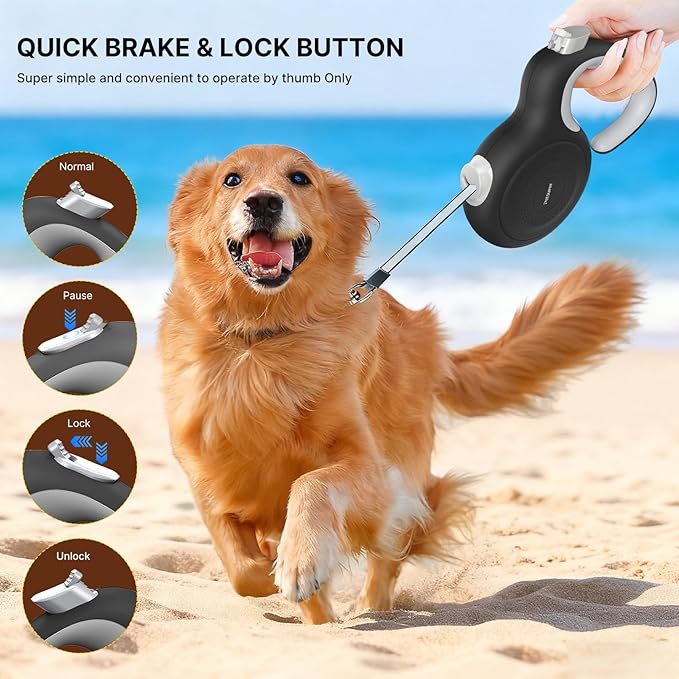 AutoBrake Retractable Dog Leash for Small and Medium Dogs, 360° Tangle-Free Dog Leash and 10Ft Strong Nylon Tape, Ergonomically Comfortable and Lightweight Grip Handle (Black)