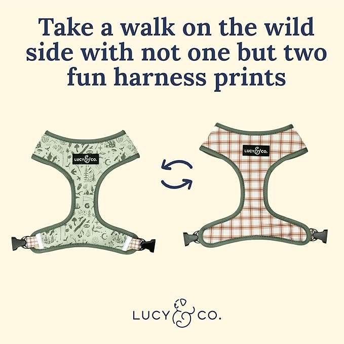 Lucy & Co. Cute Reversible Dog Harness Walking Halter - Best Designer Pet Harnesses for XS - XL Dogs - Padded Adjustable Vest for Easy Walking-X-Small-Green Outdoor Plaid