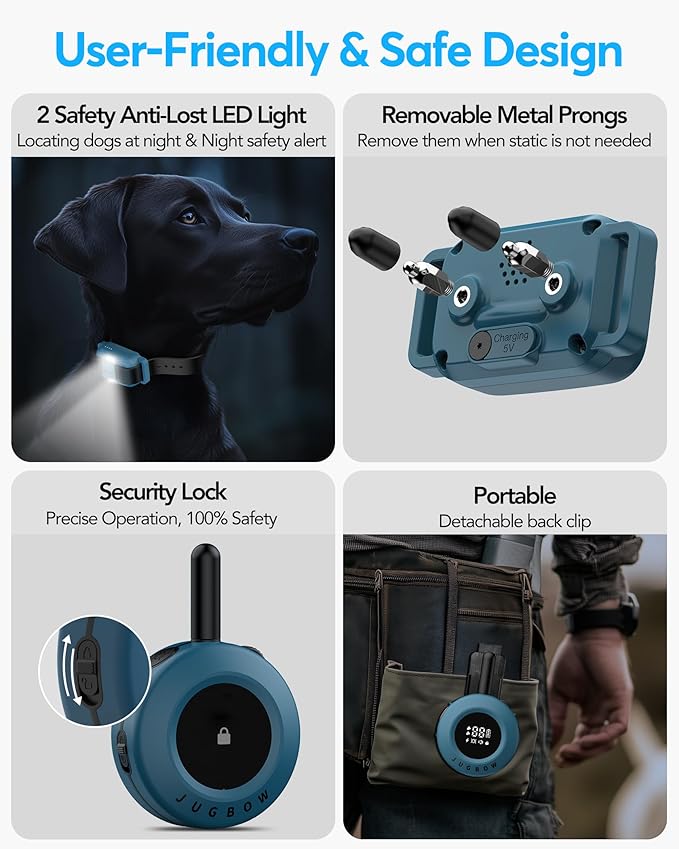 Jugbow Dog Training Collar - 3/4 Mile Dog Shock Collar with Remote for Large Medium Dogs, Rechargeable IPX8 Waterproof E-Collar with 3 Training Modes, LED Light & Security Lock (Blue)