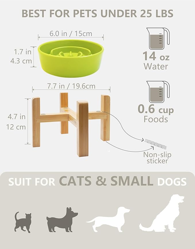 Ceramic Slow Feeder Dog Bowls Elevated, 0.6 Cup Slow Feeder for Small Dogs and Cats, Puzzle Maze Bowl, Prevents Choking, 6in, Green