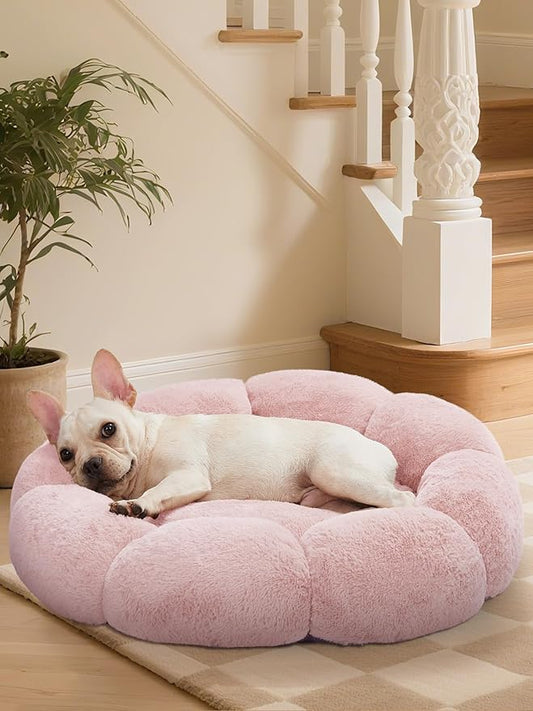 OhGeni 27 inches Calming Donut Dog & Cat Bed for Medium Pets, Warming Comfort Fluffy Short Pile Fur, Durable Machine Washable Round Bed, Cute Round Bed for Puppy and Kitten, Pink