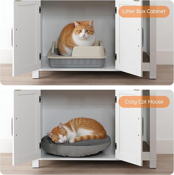 HOOBRO Cat Litter Box Enclosure, Farmhouse Hidden Litter Box with Scratch Pad, Litter Box Furniture with Storage Layer, End Side Table,White and Walnut, WH24MW01