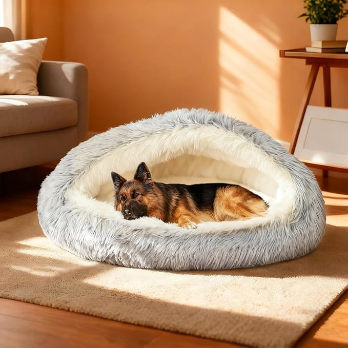 ShinHye Round Plush Fluffy Hooded Cat Bed Cave, Cozy for Indoor Cats or Small Dogs, Waterproof Bottom, Washable（40 in）