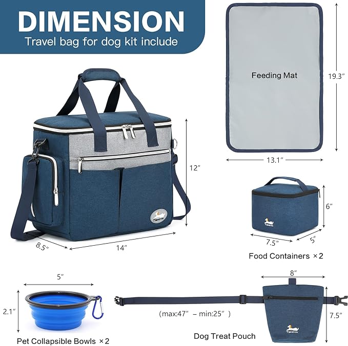 Dog Travel Bag for Pet Kit for Supplies with 2 Food Storage Containers 2 Collapsible Bowls 1 Feeding Mat 1 Dog Treat Pouch 7-Piece Set Perfect Road Trips Camping Weekend Doggy Gift, Navy Blue