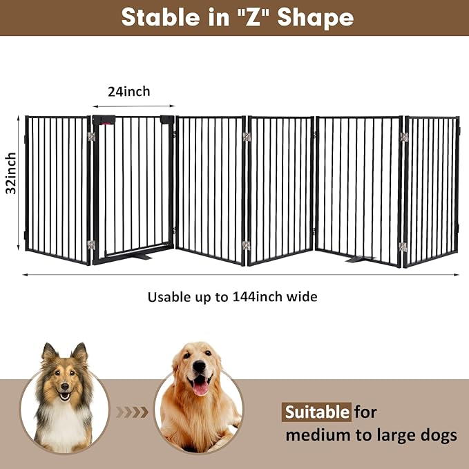 Metal Freestanding Dog Gates with Door,Extra Wide 24", 32" Height Foldable Dog Fence for Indoor & Outdoor, Heavy Duty Freestanding Pet Barrier for Stairs, Doorways, Halls, Kitchen,Yard,Christmas Tree