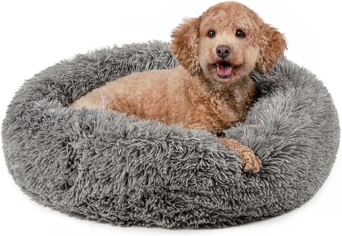 Furhaven 30" Round Calming Donut Dog Bed for Medium/Small Dogs, Refillable w/ Removable Washable Cover, For Dogs Up to 45 lbs - Shaggy Plush Long Faux Fur Donut Bed - Gray, Medium