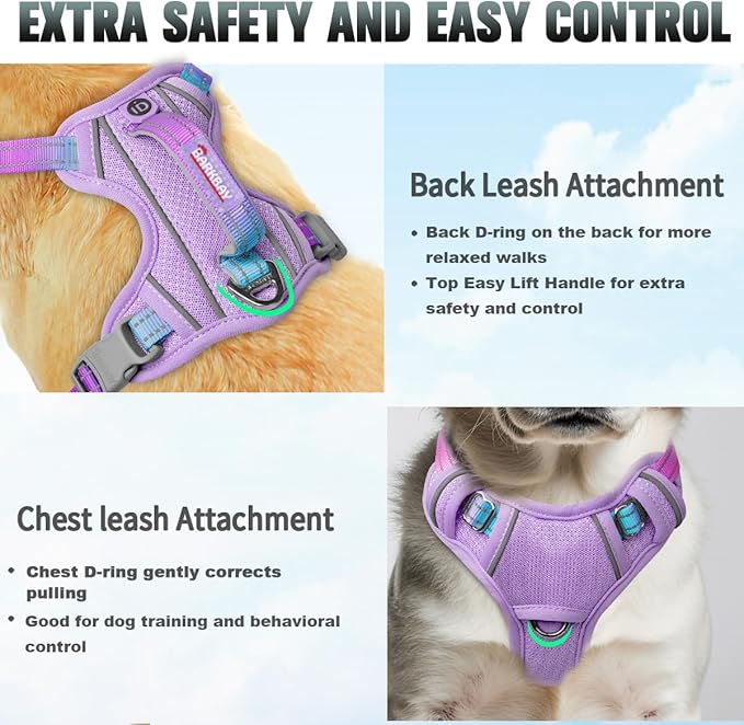 BARKBAY No Pull Dog Harness Large Reflective Dog Harness with Front Clip and Easy Control Handle for Walking Training Running with ID tag Pocket(Lavender Sky,XS)