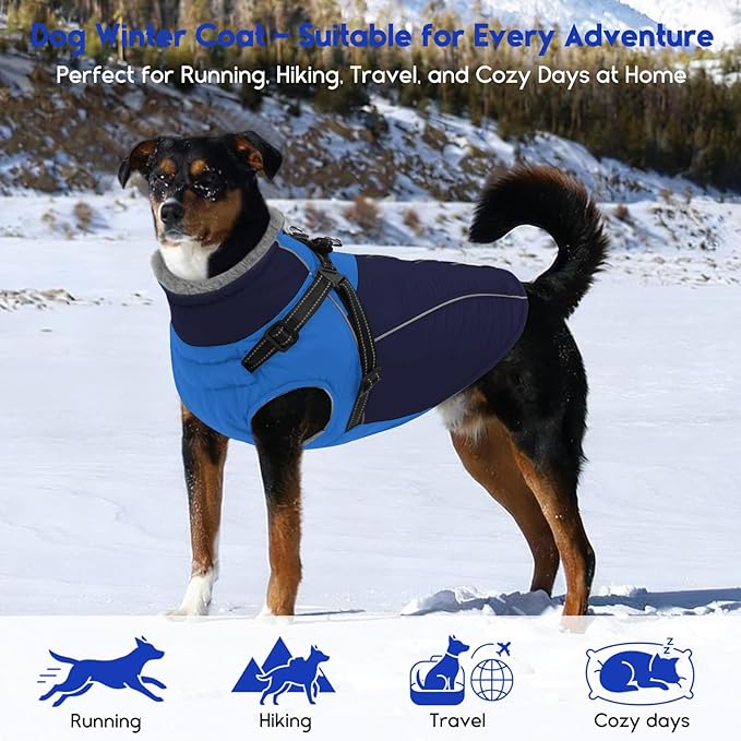 ASENKU Reflective Dog Coat with Built-in Harness, Windproof Fleece-Lined Dog Jacket for Small, Medium, Large Dogs, Warm Winter Vest with Turtleneck & Zipper (Navyblue 2XL)