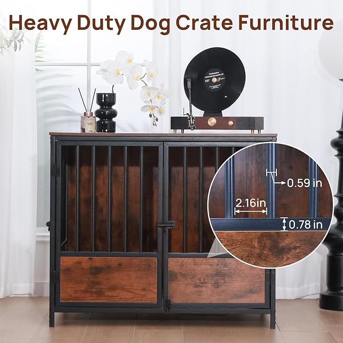 37.4" Wooden Dog Crate Furniture – Chew-Resistant Kennel for Medium/Large Breeds,3-Door Indoor Kennel with 3.1" Raised Feet, Multi-Functional TV Stand & End Table