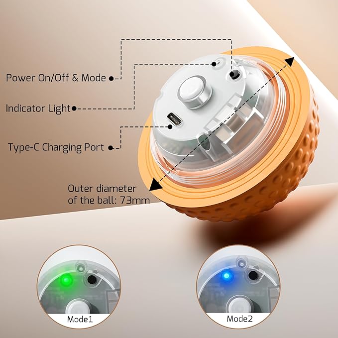 Chew Resistant Smart Interactive Dog Balls, Durable Food-Grade Rubber Material, Automatic Moving, Bouncing, Rotating Toy with Light for Medium, Large Dogs, IPX7 Waterproof (Orange)