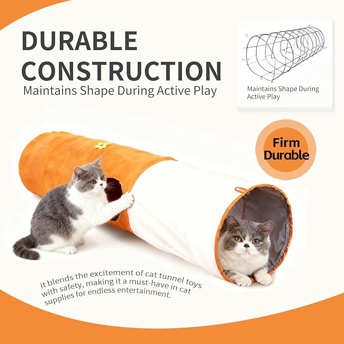Large Cat Tunnels for Indoor Cats,Durable & Collapsible Play Tubes and Tunnels with Crinkle Sound & Balls for Adult Cats & Kittens (Orange)