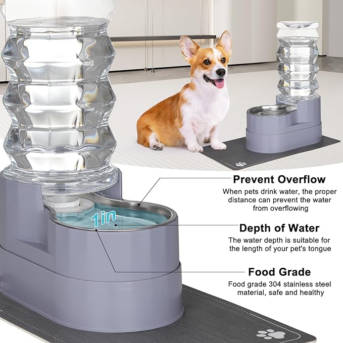 RIZZARI Large Water Dispenser for Dogs: 8L Gravity Gray Automatic Stainless Steel Waterer with Specialized Brush and Triple Filter - Raised Pet Feeder for Senior Dogs with Joint Pain in Bedroom Garden