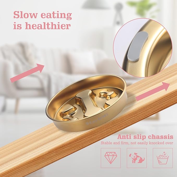 Golden Stainless Steel Slow Feeder Dog Bowls – Non-Slip Metal Dog Bowl for Large & Medium Breeds, Puppy Puzzle Feeder – 2 Cup Capacity for Small to Big Pets – Durable Slow Feed Dog & Cat Food Dish