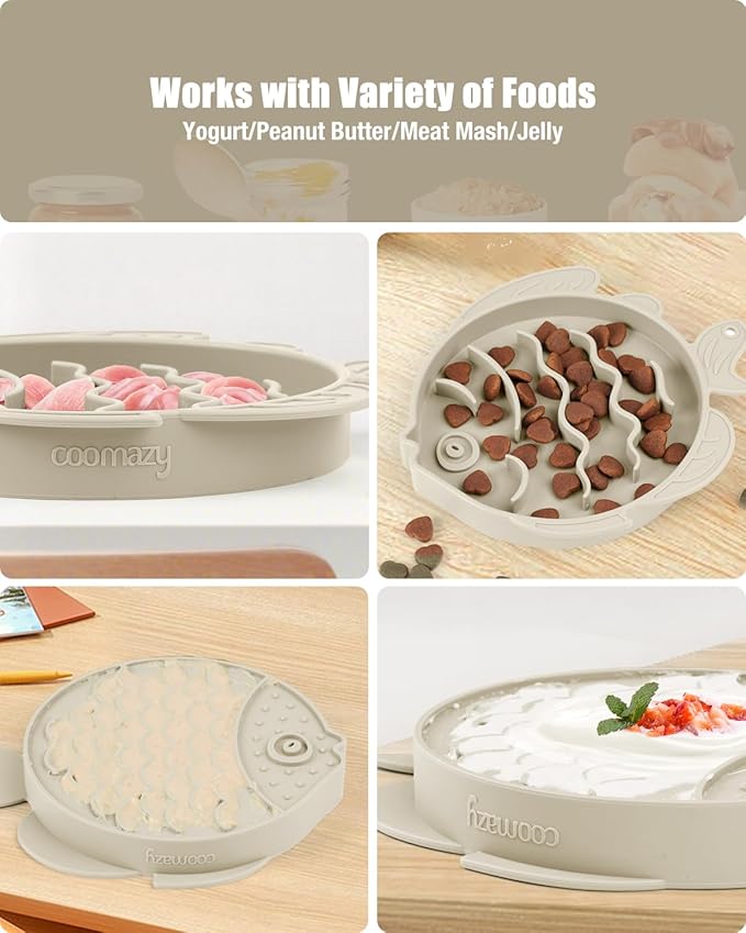 Coomazy 2-in-1 Silicone Slow Feeder Dog Cat Bowls, Lick Mat Interactive Puzzle Toy for Pets Food Training, Keeps Dogs Cats Busy, Prevents Puppy Kitty Overeating (Beige, 1.2 Cup)
