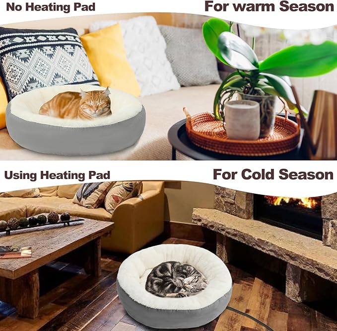 Rypet Heated Cat Bed Indoor, Soft & Cozy Donut Heated Pet Bed with Timer and Timer, Adjustable Temperature Heated Dog Beds for Small Dogs and Senior Cats with Chew Resistant Cord