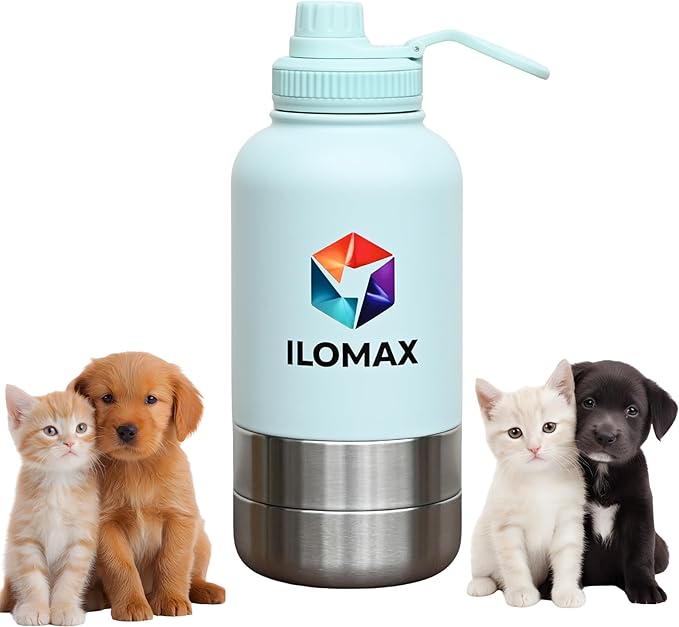 ILOMAX 3-in-1 Stainless Steel Dog Travel Water Bottle with Food & Water Bowls, Leak-Proof & Insulated, Extra Magnetic Lid, Keeps Drinks Cold 12H/Hot 6H, Portable Outdoor Hydration, 32oz (Bluish White)