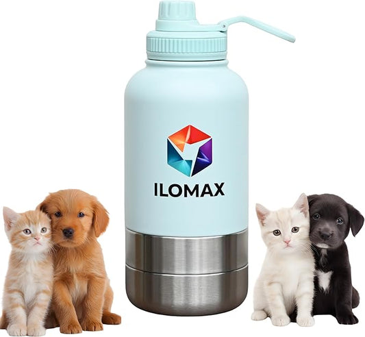 ILOMAX 3-in-1 Stainless Steel Dog Travel Water Bottle with Food & Water Bowls, Leak-Proof & Insulated, Extra Magnetic Lid, Keeps Drinks Cold 12H/Hot 6H, Portable Outdoor Hydration, 32oz (Bluish White)