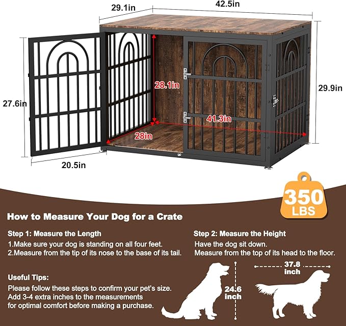 42" Dog Crate Furniture, Heavy Duty Dog Crates, Dog Kennel Furniture Indoor for Large Dog as TV Stand, Wooden Cage End Table for Indoor Decoration, Name Tag Escape-Proof Locks & Double Door