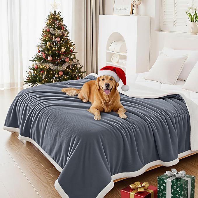 Smiry Waterproof Blanket Throw for Large Dogs, Soft Reversible Dog Blanket for Sofa Couch Bed, Washable Leakproof Sherpa Fleece Furniture Couch Protector(60"x80", Grey/White)