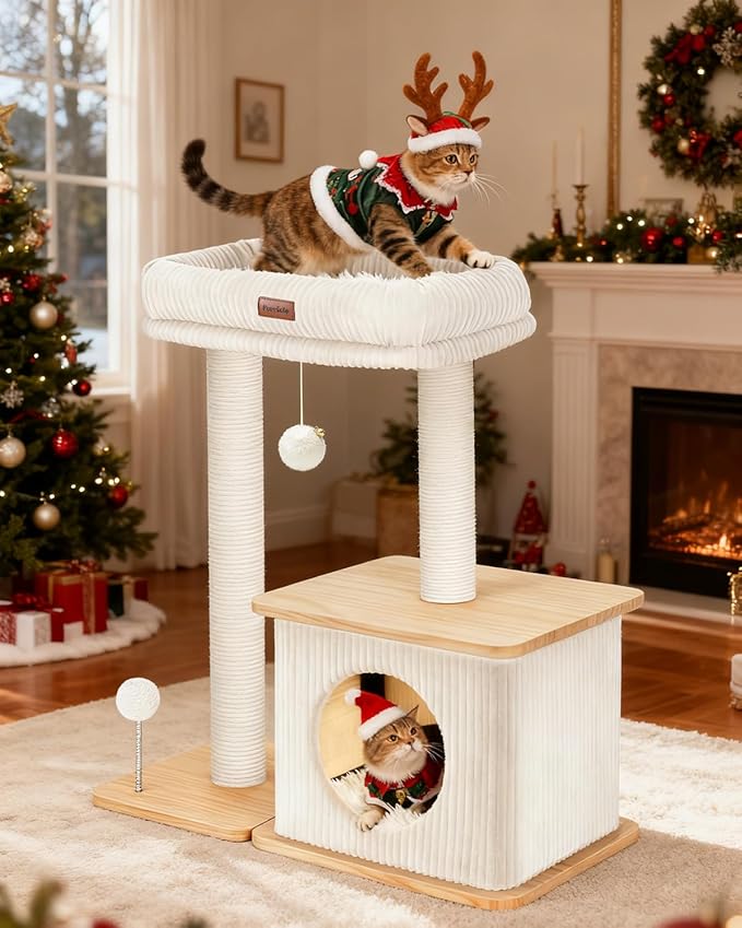 Modern Cat Tree for Indoor Cats, Nordic Loft Style, Wooden Cat Tower with Sisal Scratching Posts, Soft Padded Beds & Cozy Condos, Floor-Mounted for Kittens & Adult Cats