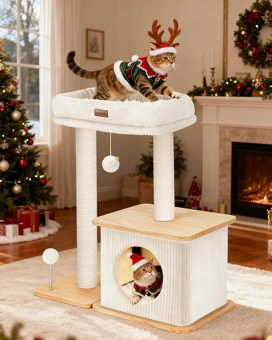 Modern Cat Tree for Indoor Cats, Nordic Loft Style, Wooden Cat Tower with Sisal Scratching Posts, Soft Padded Beds & Cozy Condos, Floor-Mounted for Kittens & Adult Cats