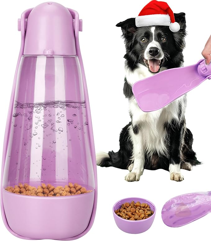 UPSKY Dog Water Bottle | Portable & Foldable Dog Water Bottle | 3-in-1 Portable Pet Water Dispenser with Food Container & Poop Scooper for Outdoor Walking, Hiking & Travel,14.2oz(Pink)