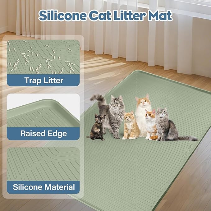 Lorvain Cat Litter Mats, 45" x 30" Extra Large Silicone Cat Mat for Litter Box, Easy to Clean Kitty Litter Trapping Mat, Soft on Kitty Paws, Waterproof, Urine-Proof Kitty Litter Mats for Floor, Green