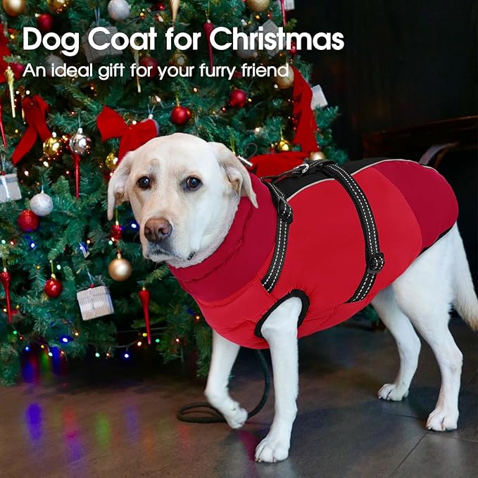 SUNFURA Dog Coat, XXXL Dog Jacket with Harness Built in, Waterproof Pet Winter Coat Snowsuit with Zip, Reflective Fleece Jacket for Extra Large Dogs, Great Dane, Red 3XL