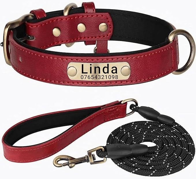Leather Dog Collar Personalised and Leash Set, Personalized with Soft Padded Design Heavy Duty Featuring Custom Engraved Name Plate for Small Medium and Large Dogs