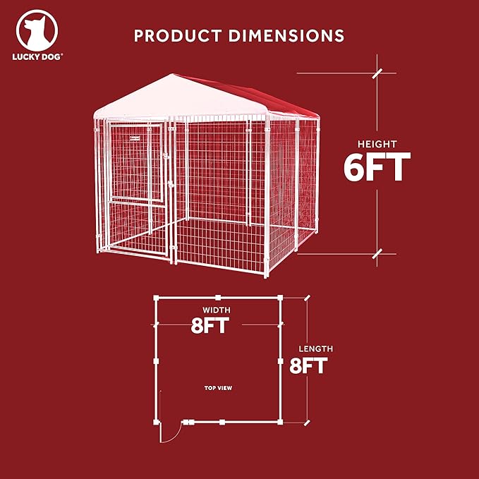 Lucky Dog Stay Series 8 x 8 Feet Executive Black Powder Coat Steel Frame Outdoor Dog Kennel with Waterproof Canopy Roof and Single Gate Door, Grey