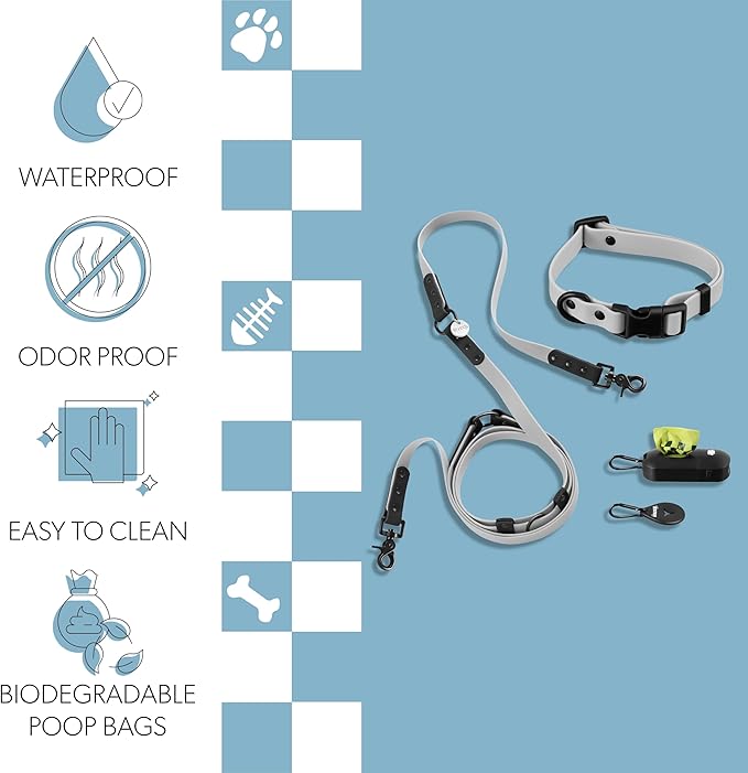 WLK1004N-5SET Luna Small 8FT Adjustable 6-in-1 Waterproof Hands-Free Leash and Collar with LED Flashlight, Bag Dispenser, and Poop Bag Holder, Martini