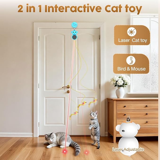 Interactive Cat Toys for Indoor Cats: 2 in 1 Laser Pointer Cat Toy with Automatic Flying Bird & Mouse Wand, Smart Motion Mode Adjustable Speed, USB Rechargeable Safe for Bored Kittens and Adult Cats