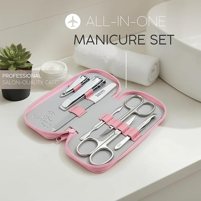 Manicure Set Solingen Made in Germany - 7 Piece Exclusive Finger & Toe Nail Clippers Kit for Women and Men in Real Leather Case, Color Rosa