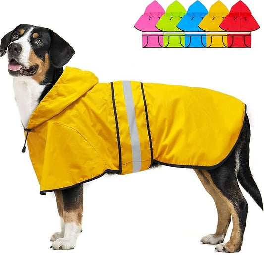 Fashion Hooded Dog Raincoat with Leash Hole- Reflective Dog Rain Jacket Adjustable Doggy Raincoats Lightweight Pet Rain Coat for Dogs (XX-Large, Yellow)