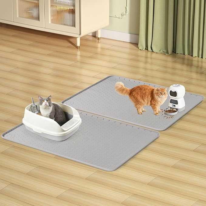 Cat Litter Mat, 2 Pack Large 34" x 22" Silicone Mat Litter Trapping Mat for Scatter Control, Soft on Kitty Paws, Easy to Clean (Light Grey)