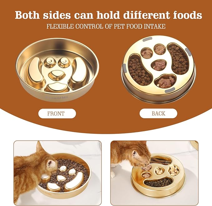 Golden Stainless Steel Slow Feeder Dog Bowls – Non-Slip Metal Dog Bowl for Large & Medium Breeds, Puppy Puzzle Feeder – 2 Cup for Small to Big Pets – Durable Slow Feed Dog & Cat Food Dish with Mat