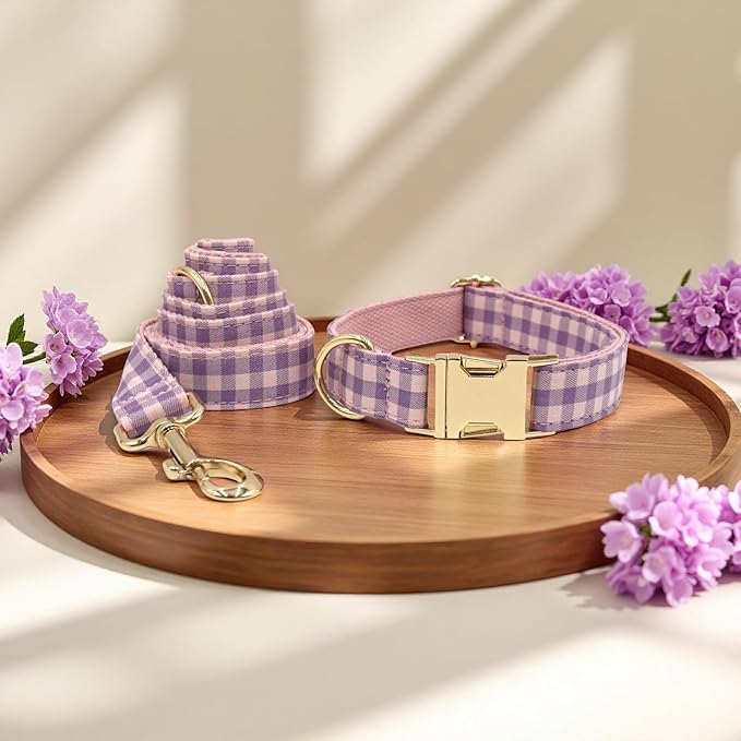 PETDURO Personalized Dog Collar Pink Purple Gingham Plaid for Large Medium Dogs | Engraved Name and Phone Number on Gold Metal Buckle for Girls | Add Leash & Bow Tie via Customize Now